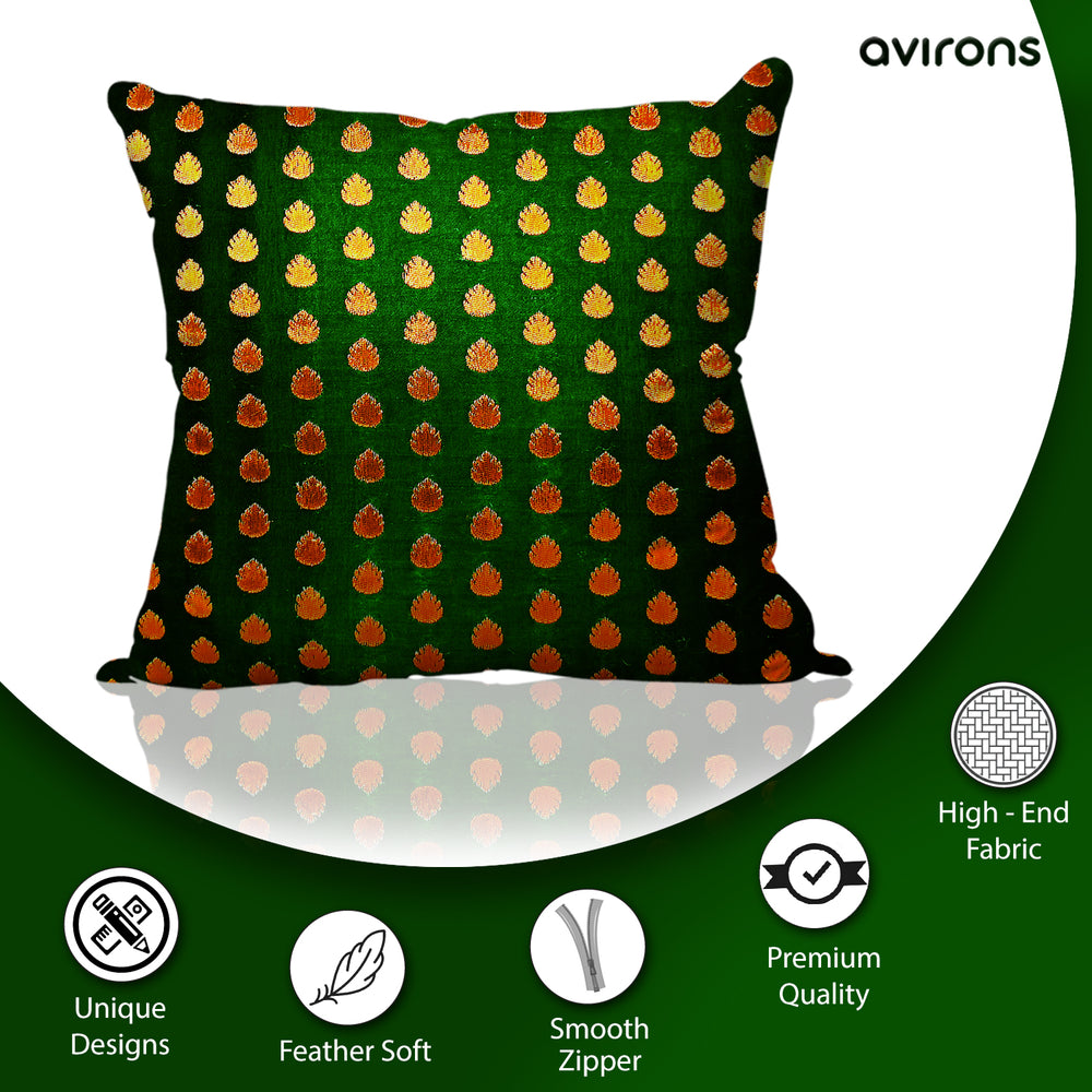 Chic Banarasi Cushion Cover with Stylish Zipper Green Color Pack of 5-16x16 inch